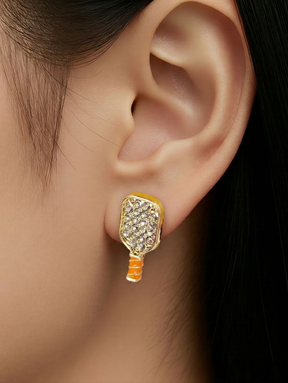 Pickleball Paddle Earrings Rhinestone Gold Stud Hobby Novelty Sports Jewelry